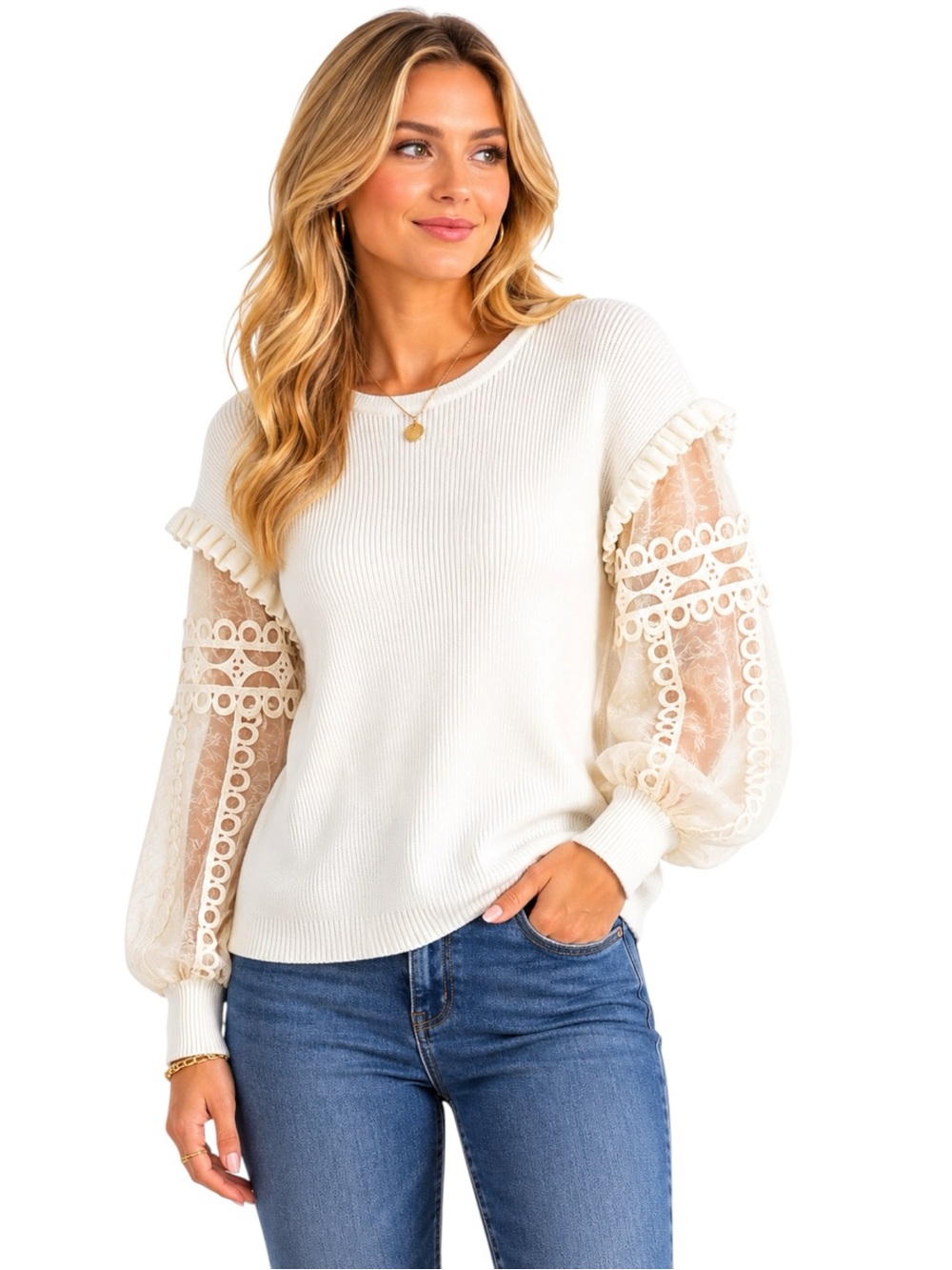 Sioni Crew Neck Eyelet Ruffle Organza Balloon Sleeve Pullover Sweater in Cream